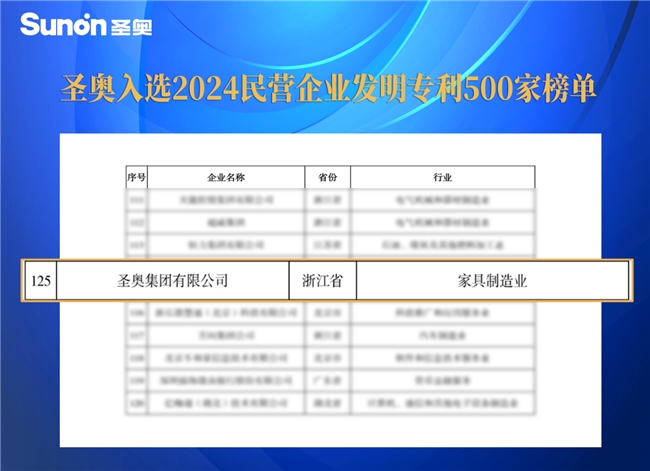 圣奧入選2024民營企業(yè)發(fā)明專利500家榜單