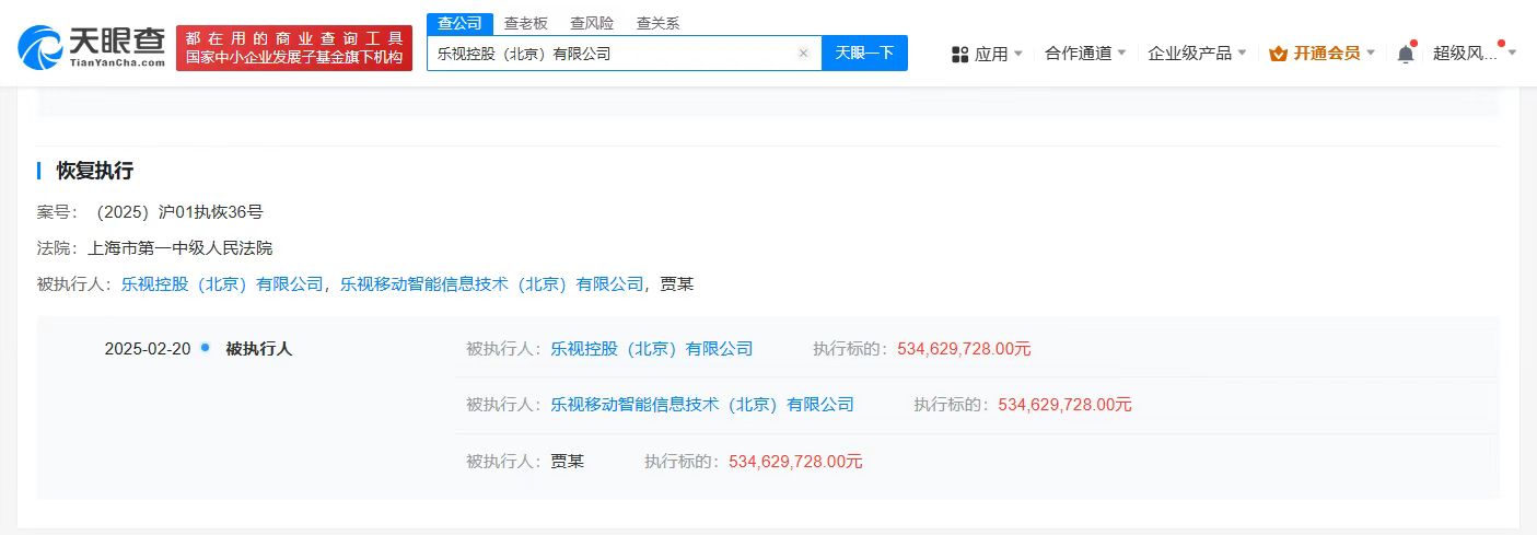 賈躍亭及樂視被恢復(fù)執(zhí)行5.3億