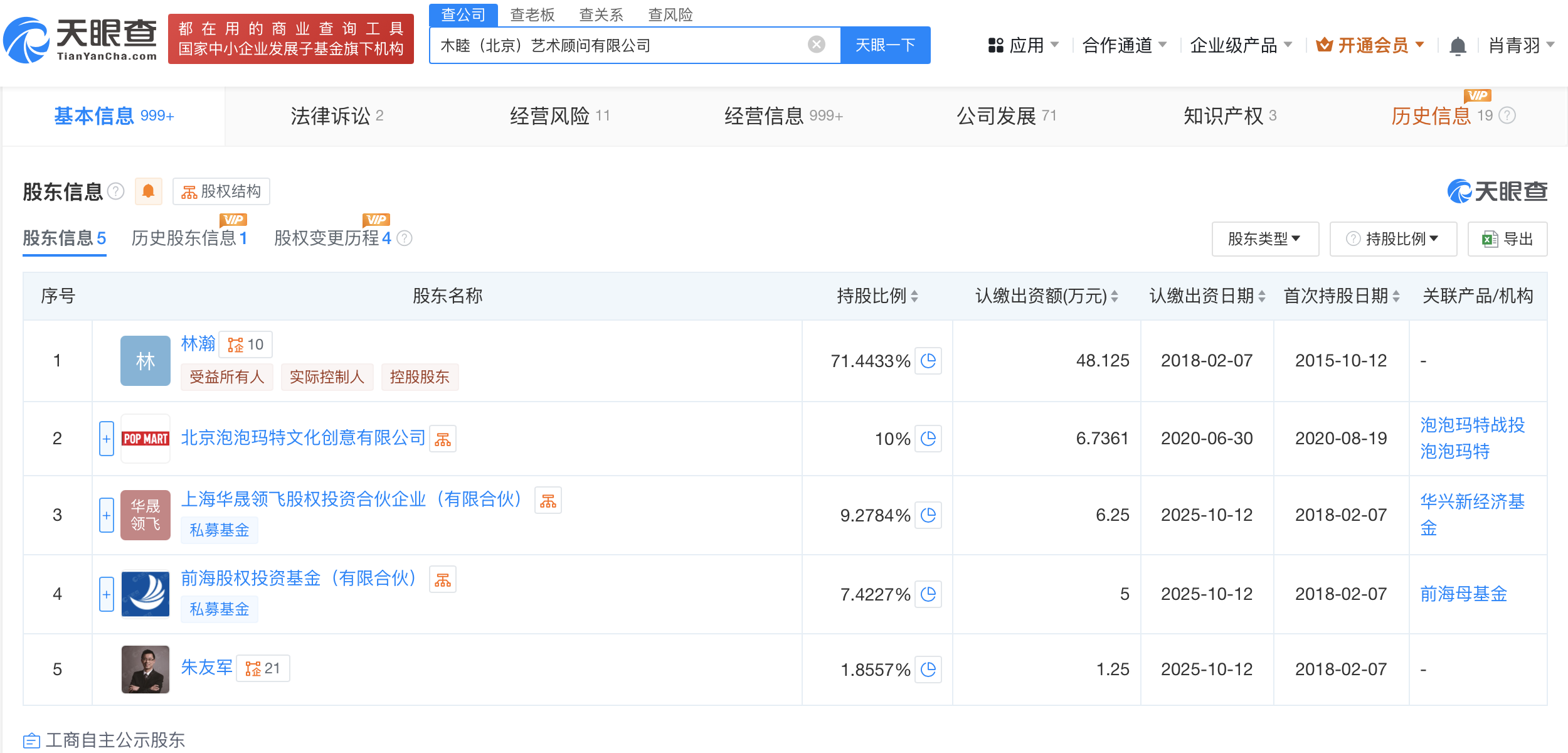 泡泡瑪特是晚晚林瀚木木美術(shù)館股東